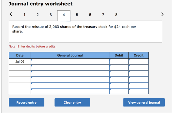 Journal entry worksheet < 1 2 3 4 5 6 7 8 Record the reissue of 2,063 shares of the treasury stock for $24 cash per share. No