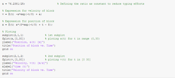 a = 76.2381/25; Defining the ratio as constant to reduce typing efforts Expression for velocity of block = @(t) -a*exp(-t/8)