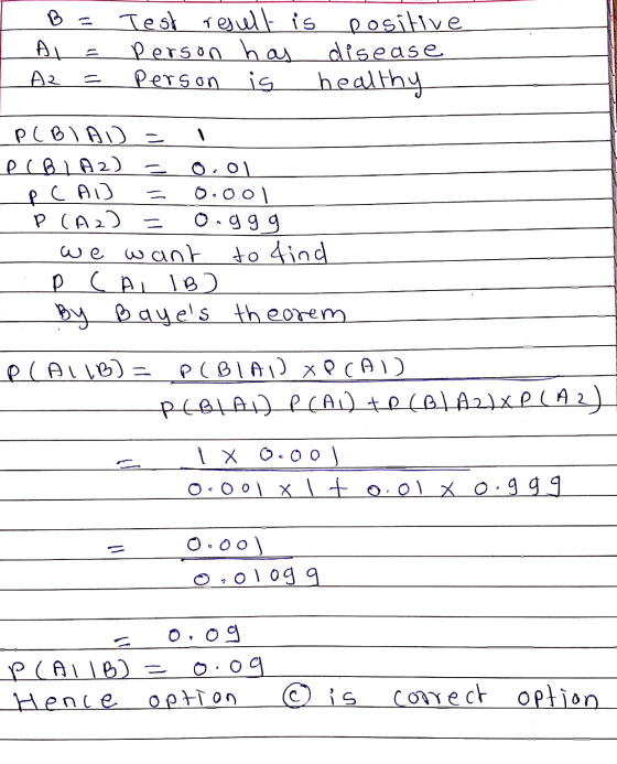Test result is positive Person har disease person is healthy Az = PC AD PCBLAD = POBLA 2) 0.01 ool P (Azo o.ggg we want to fi