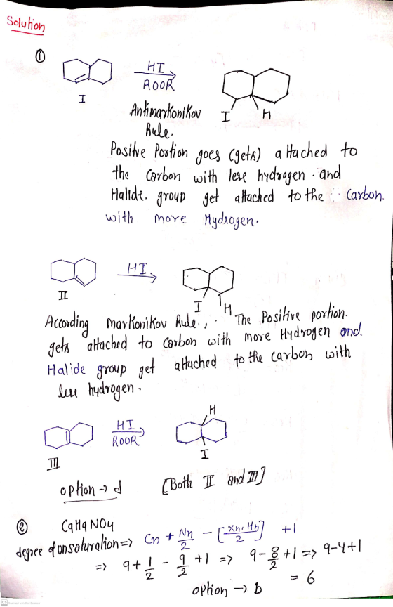 Solution 0 I H HI ROOR Antimarkoni Kov I Rule. Positue portion the Carbon with lose hydrogen and Halide. group get aHached t