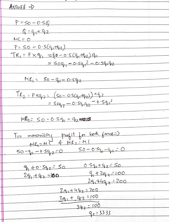 ANSWER P = 50-0.5 Q = q + 92 MC=0 P= 50 - 0.56917012) TRI = P xq = 80 -0.5(9, 19/2) q = Soq,-0-59 2 - 0:59.92 MRI = so-q -0.5