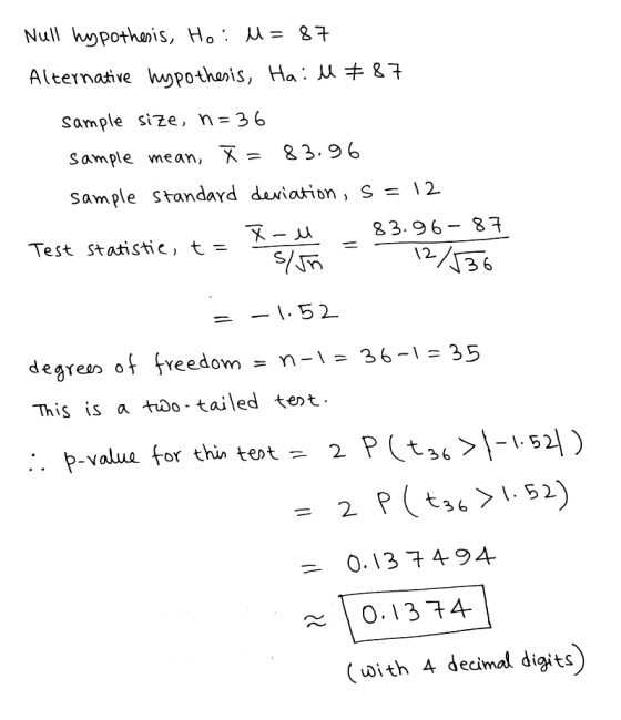 Null hypothesis, Hoi U = 87 Alternative hypothesis, Hail #87 sample size, n = 36 sample mean, X = 83.96 sample standard devia