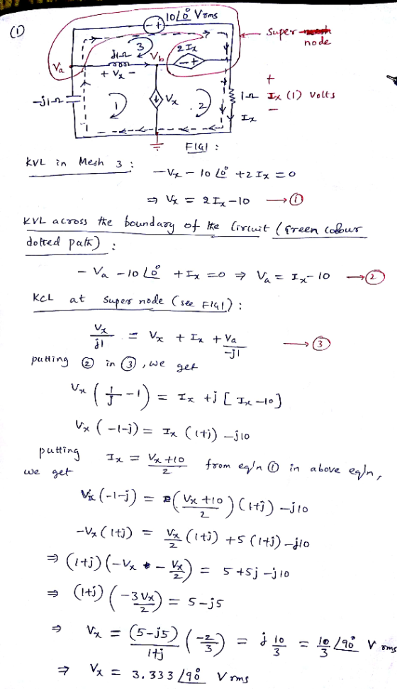 a lolo Voms Alor erheesh - node 3 JA KV 1 + V - w in / + IX (1) Volts D IN FIG! : KvL in Mesh 3 : -Velo lė +21x co V = 212-10