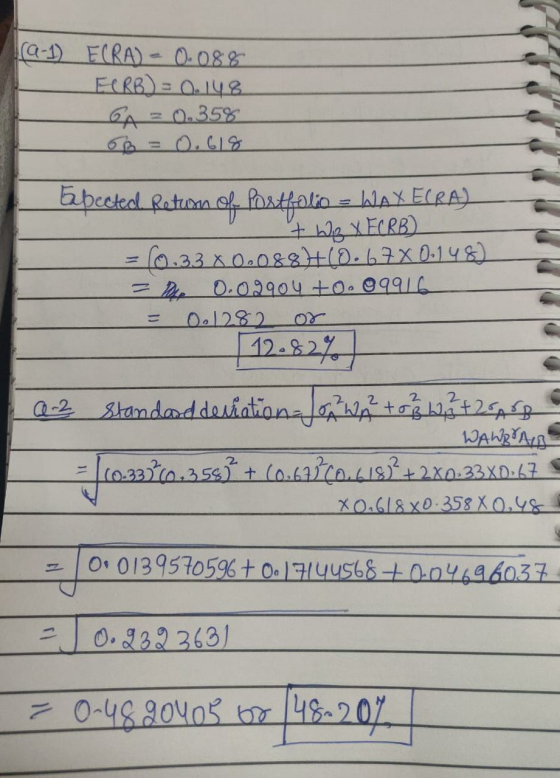 9-1) ECRA) - 0.088 FORB) = 0.148 GA 3 0.358 B = 0.618 babected Return of Postfolio - WAX ECRA) - t W2 X ECRB) = (0.33 X 0208