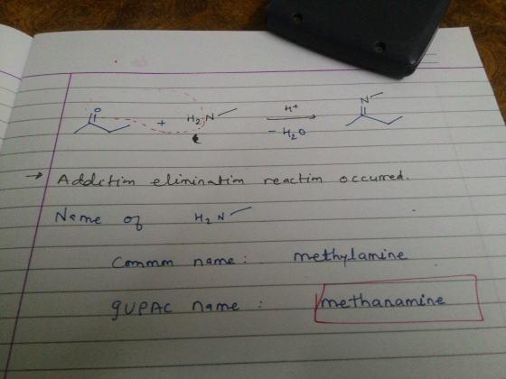 H + 2N I Addition elimination reaction occured. Name or H₂ N Commm name: methylamine GUPAC name V methanamine