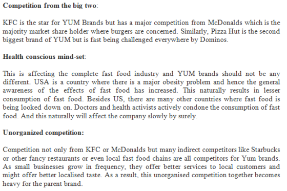 Competition from the big two: KFC is the star for YUM Brands but has a major competition from McDonalds which is the majority
