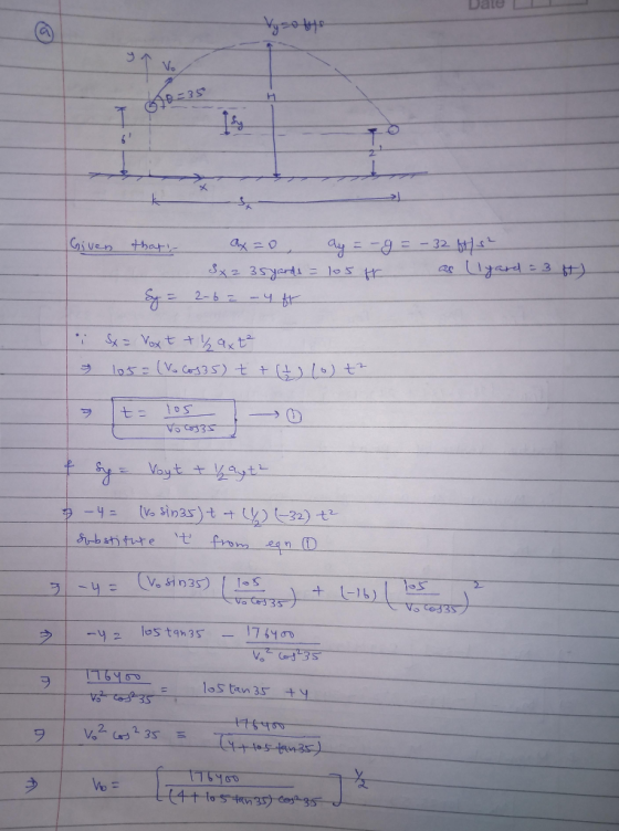 Date Vy sos B=35 Given that - ax=0 ay = - Sxz 35 yards = 105tr 2-6 = - 4 fr = - 32 bls² as (lyard : 3 ) Sx = Voxt + % axt²