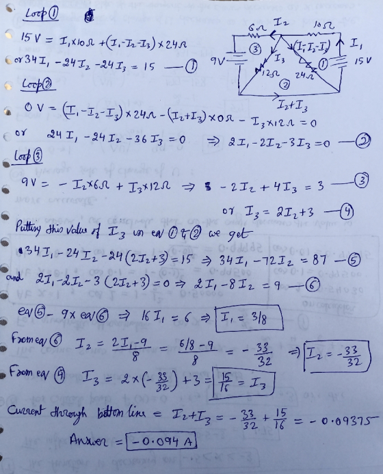 Loop O 15 V = 1, X10s +(1.-In-13)x240 (or 34 I, - 24 I₂ - 24 Iz = 15 - Gor [o I2 son (111,1) 1 I, 13 40 7 151 9 240 Loop l Iz