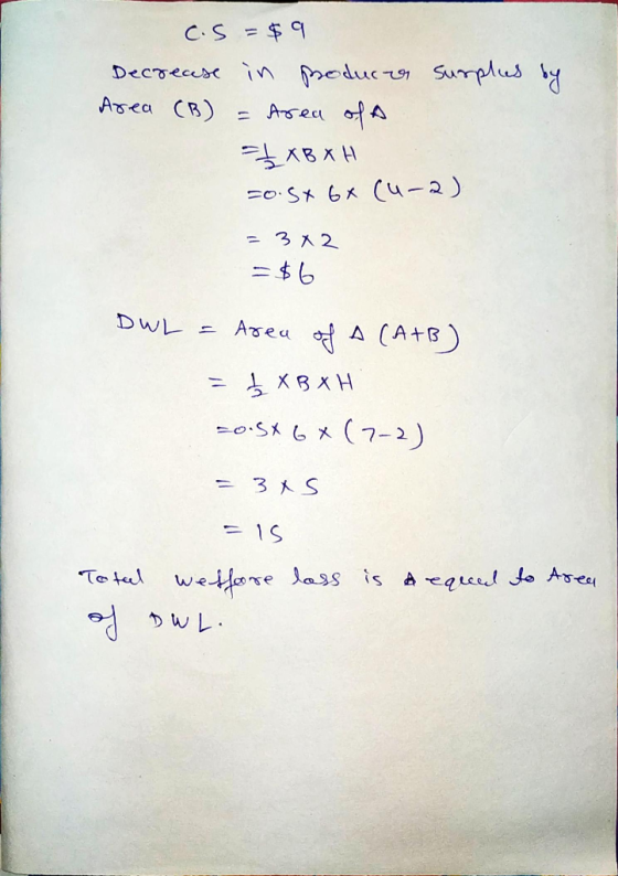 c.s =$9 Decrease in productos surplus by Area (B) = area of A = 1 XB XH =o.sx 6x (4-2) = 3x2 DWL = Area of A (A+B) x 8 x H -0