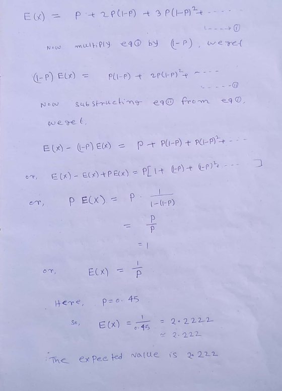 Pit 2P(rP) + 3 P(HP) E6) = multiPly e4© by (1-P), wegel (1- P) ELX) = PLI-P) + 2pC-P) sub strueting eq© from eg@, weget, E(x)