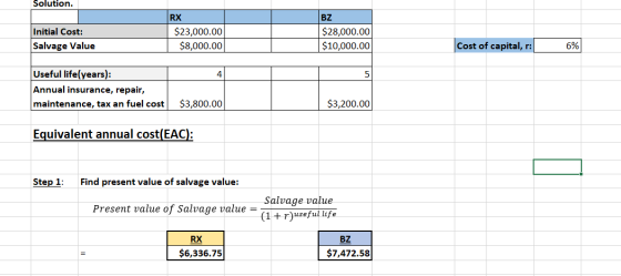 Solution. BZ Initial Cost: Salvage Value RX $23,000.00 $8,000.00 $28,000.00 $10,000.00 Cost of capital, r: 6% 4 Useful life(y