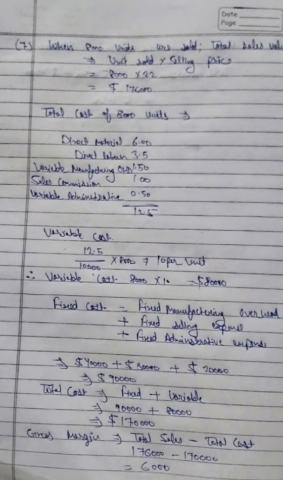 Date Page م الز الترا اور پرلور او و اول من & Out sold & Silling price. = $_116060 y Total cost of 2000 euits Direct materjal
