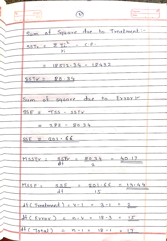 3 Pago No Dato Sum of Square due Square due to Treatment :- SSL E 1:2 Cif - ri 18512.34 184.32 sstra 80.34 Isum of square due