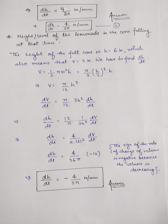 > dh dt 4 in/min 3 Auswer dh dt 4 in/min 2 3 T falling # Height / level of the lemonade in the come at that time : also The h