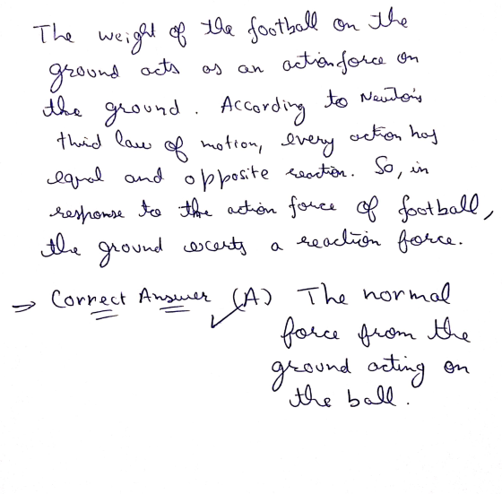 action hoy The weight of the football on the ground acts as an action force on the ground. According to Newtons thiid law of