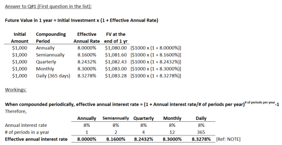 Answer to Q#1 (First question in the list): Future Value in 1 year = Initial Investment x (1 + Effective Annual Rate) Initial