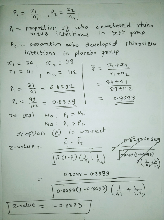 P = x viaus X2 P₂ = n n2 P = proportion of who developed shino intections in test grap R = proportion who developed rhinoviru