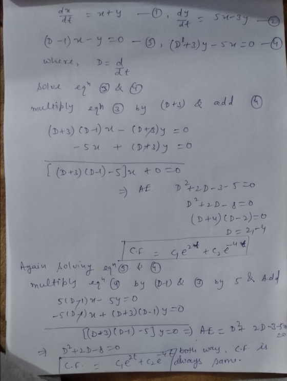 dn = nty - dy 11 sursy - at 4 (0+3) & add - 5 - AE (0-1) s-y to -③, (D+3) 4-5420 - where, D = d at solve egr ② & multiply eg