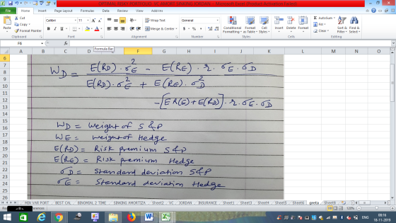 VC AMORT SINKING JORDAN -Microsoft Excel (Product Activation Failed) OPTIMAL RISK Page Layout File Home Insert Formulas Data