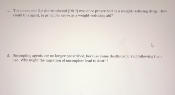 c. The uncoupler 2,4-dinitrophenol (DNP) was once prescribed as a weight-reducing drug. How could this agent, in principle, s