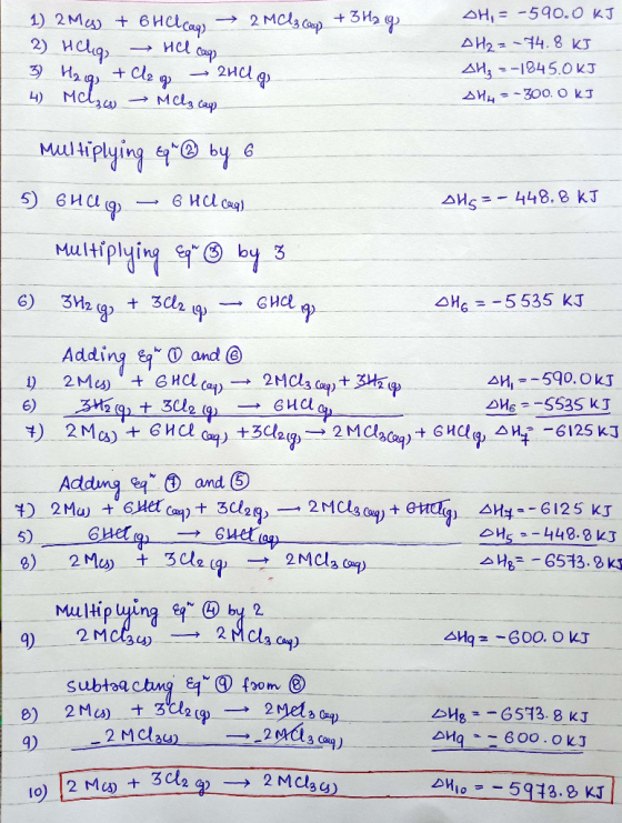 AH, 590.O KJ 1) 2Ma t 6Hcap 2) Hq 2 MCs ap+3H AH2 74.8 KJ A 1245.0 KJ ие Cp 2HCU +Cle Mclrw Mcls cap AH 30o. O kJ 4) Maliplyi
