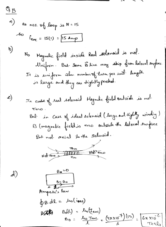 QB a) as nos of loop is N = 15 so lene = 15() - 115 is Amp No unut length Magnetic field inside Real solenoid is not Uniform.