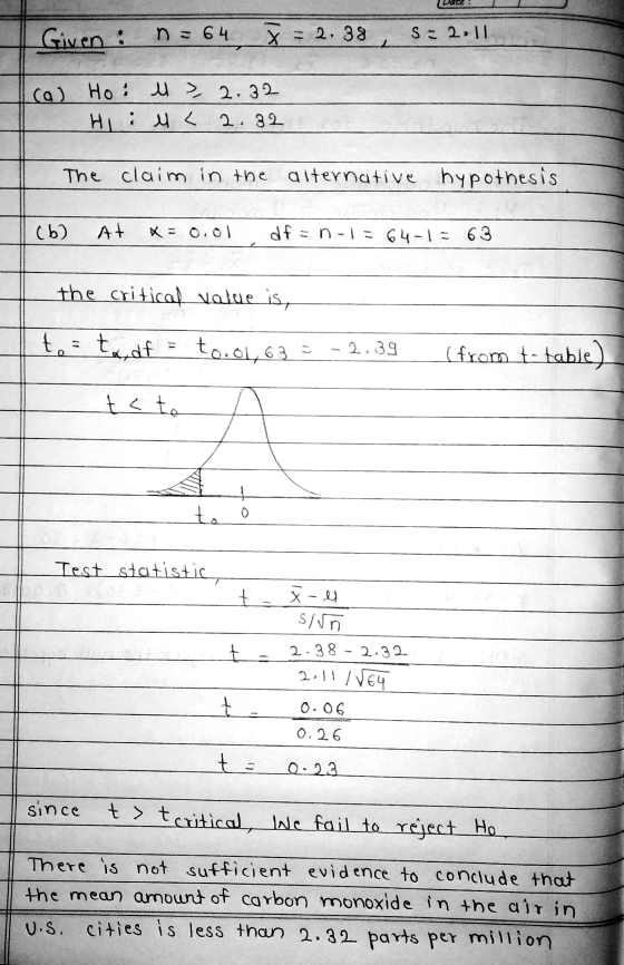 Given : n = 64 x = 2.38 S = 2.11 (9) Ho : i > 2.32 Hi 4 L 2.32 The claim in the alternative hypothesis (b) At X = 0.01 df-n-1