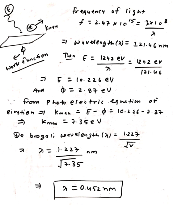 Frequency of light f = 2.67x105 = 3x108 - .. wavelength (a) = 121.46 am - Work & unction chaction des E : 1242 ev : 1292 er >