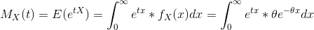 M_X(t) = E(e^{tX}) = int_{0}^{infty } e^{tx}*f_X(x)dx = int_{0}^{infty } e^{tx}* heta e^{- heta x}dx