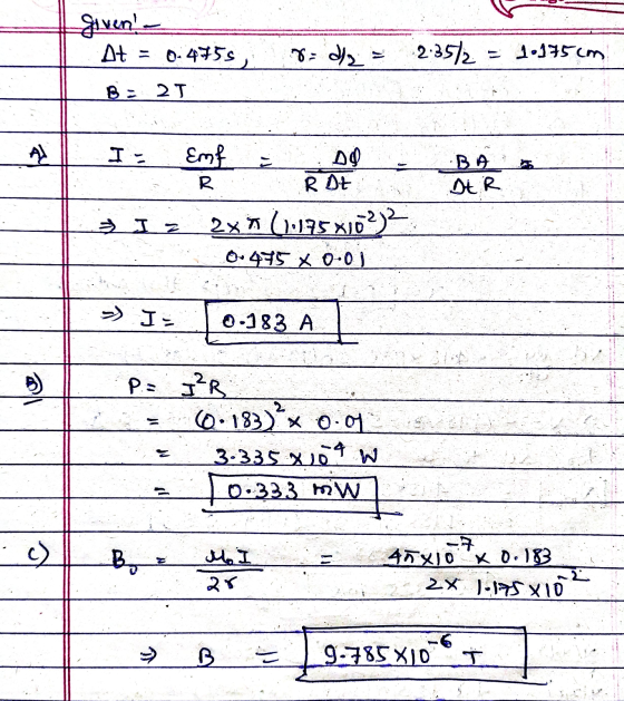 giventa At = 0.4755 8 de 2.3572 = 1.175cm 2 T Emf R 00 R DE BA DER • I & Iz 2x * (E5x102)2 0.475 X 0.0 > I- 0.383 A P = ²R 0.