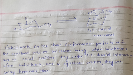 clz H re 1,3-diaxial Interactions Substituents on the chair conformation prefer to be in the equatorial position. The reason