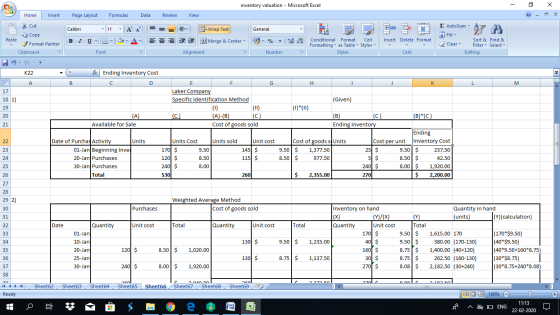 inventory valuation - Microsoft Excel - X Home Insert Page Layout Formulas Data Review View Calibri - A DO General 11 - * Cut