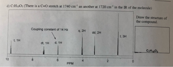 d) C H1603 (There is a CEO stretch at 1740 cm an another at 1720 cm in the IR of the molecule) Draw the structure of the comp
