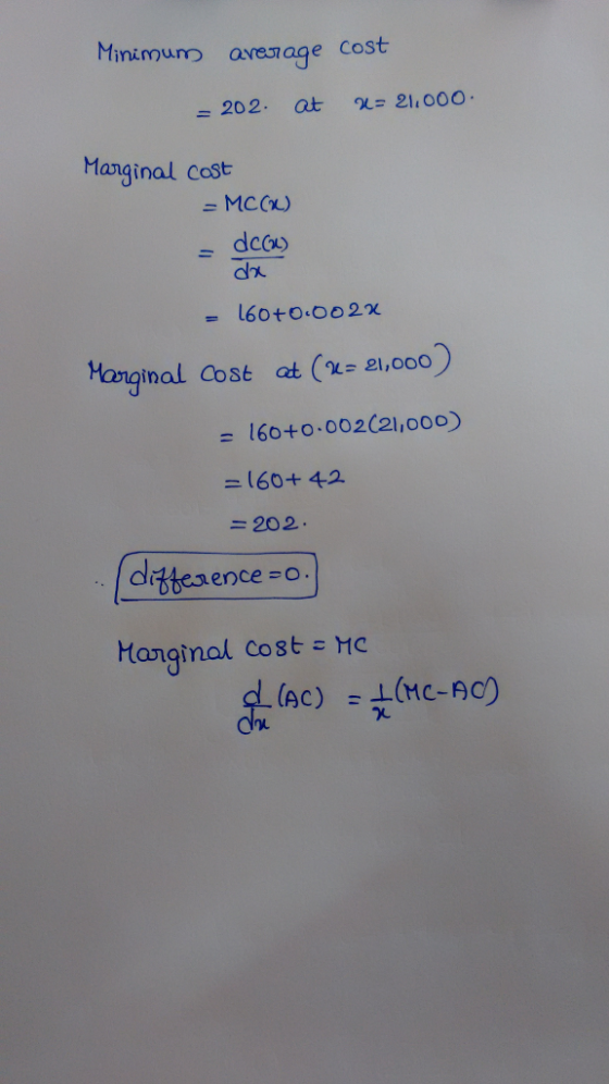 inimum avesiage Cost -202, at 91-211000. Manginal Cast MCO) = dca) Horginal aost at (x- 8l,ooo) 160+0.002(21,000) -202 Hangin