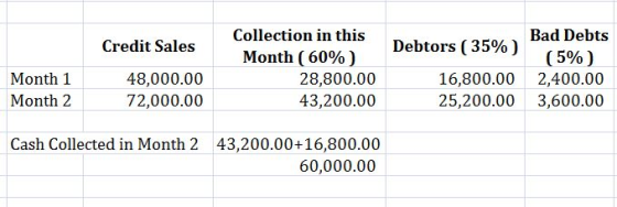 Credit Sales Debtors (35%) Collection in this Month (60%) 28,800.00 43,200.00 Bad Debts (5%) 2,400.00 3,600.00 Month 1 Month