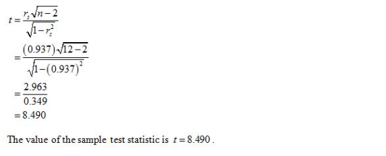 t=?:Vn-2 (0.937) V12-2 V1-(0.937) _2.963 0.349 = 8.490 The value of the sample test statistic is t = 8.490.