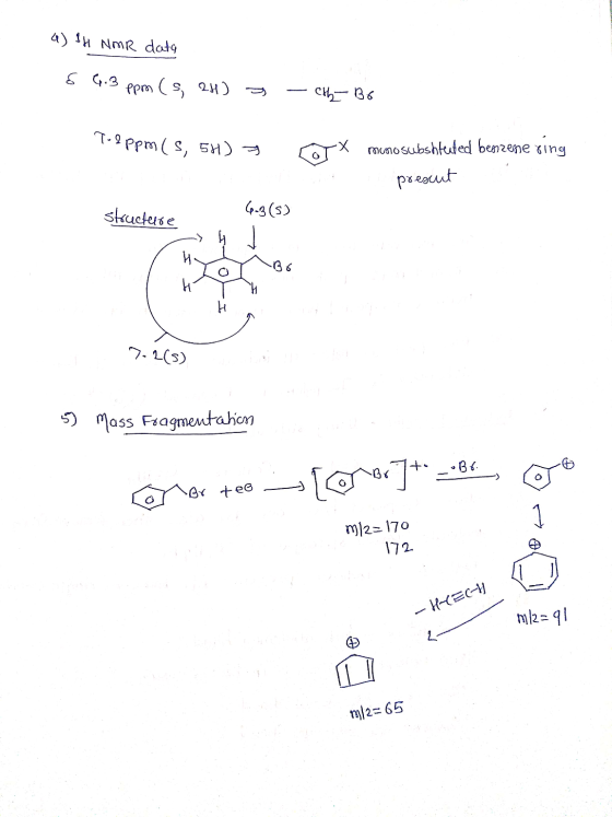 4) IH NMR data & G.3 ppm (s, 2H) - elly-Bo ppm ( S, 5H) 7 GTX munosubshteted benszene ring prescut structeise G.B(s) Bo 7.2(5