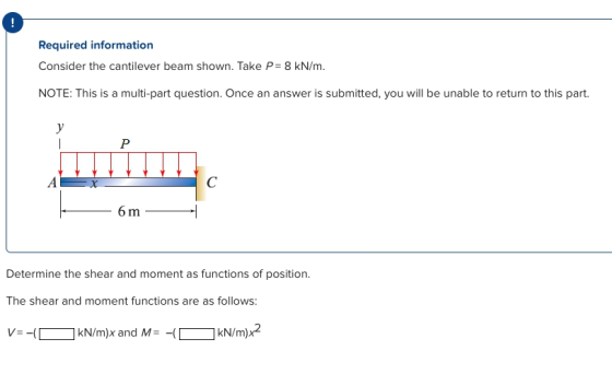 Required information Consider the cantilever beam shown. Take P= 8 kN/m. NOTE: This is a multi-part question. Once an answer