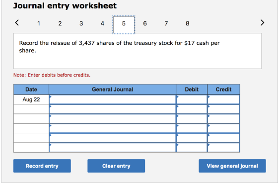 Journal entry worksheet < 1 2 3 4 5 6 7 8 Record the reissue of 3,437 shares of the treasury stock for $17 cash per share. No