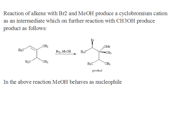Reaction of alkene with Br2 and MeOH produce a cyclobromium cation as an intermediate which on further reaction with CH3OH pr