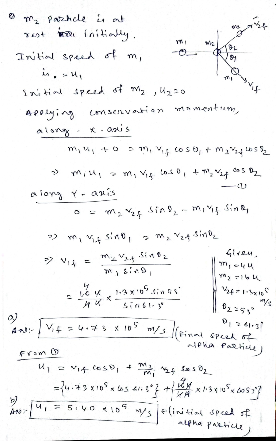 das M2 2 ol m, m₂ particle is at resto initially, Initial speed of m, ü, =u initial speed of m₂ ,U220 Applying conservation m