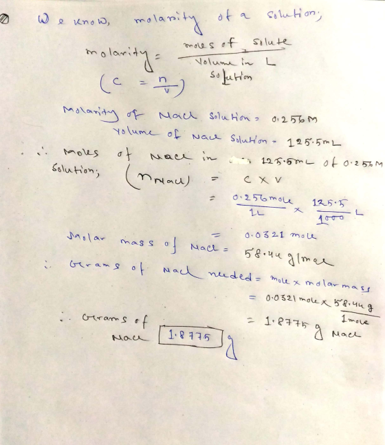 We know, molarity of a solution, molarity moles of Volume in ) Solution solute L (c = n Molarity of mach solution - 0.256m Yo