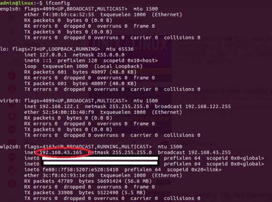 admin@linux: $ ifconfig enp1s0: flags-4099<UP, BROADCAST,MULTICAST> mtu 1500 ether f4:30:b9:ca:52:55 txqueuelen 1000 (Etherne