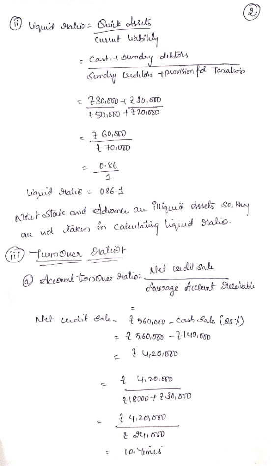 ① liquid ralio - Quick Assets Currut labilely - Cash + sundry debtors Simcay Cecclelors t provision for Taralan - 230,00 - 2