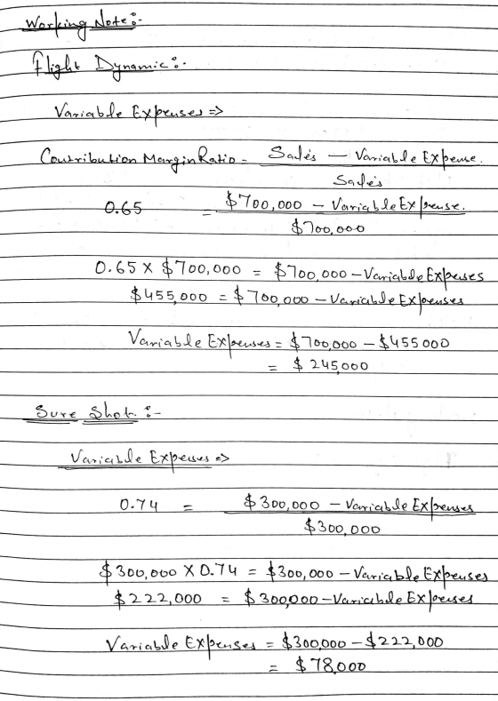My nam Working Note: Flight Dynamic Variable expenses Contribution Margin Ratio Sales — Variabile Expeuse. . Sales 0.65 rekym