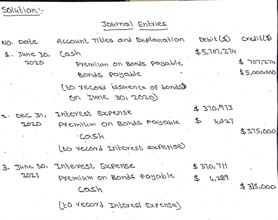 solution: No. Date 1. June 30, 2020 Bebit ($) Credit(a) $5,707,274 $ 707,274 $5,000,000 Journal Entries Account Titles and Ex