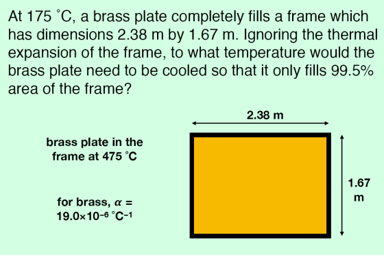 At 175 °C, a brass plate completely fills a frame which has dimensions 2.38 m by 1.67 m. Ignoring the thermal expansion of th