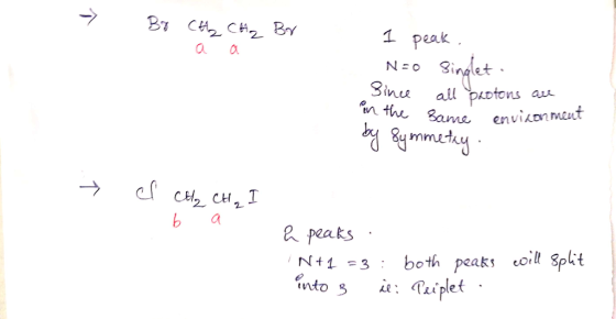 - Br CH2 CH2 Br 1 peak. N=0 Singlet Since all protons are in the same enviconment by symmetry > cl Ch CH, I a peaks. N+1=3: b