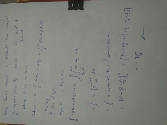 Using theorm to Evaluate line integral L xy dx + (x²+ y2) dy where C is y=2 & y-122 between (-1,1) to (2,4). Compare with su