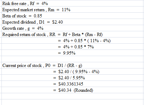 Risk free rate, Rf 4% Expected market return . Rm-11% Beta of stock- 0.85 Expected dividend, D1$2.40 Growth rate, g 4 Require